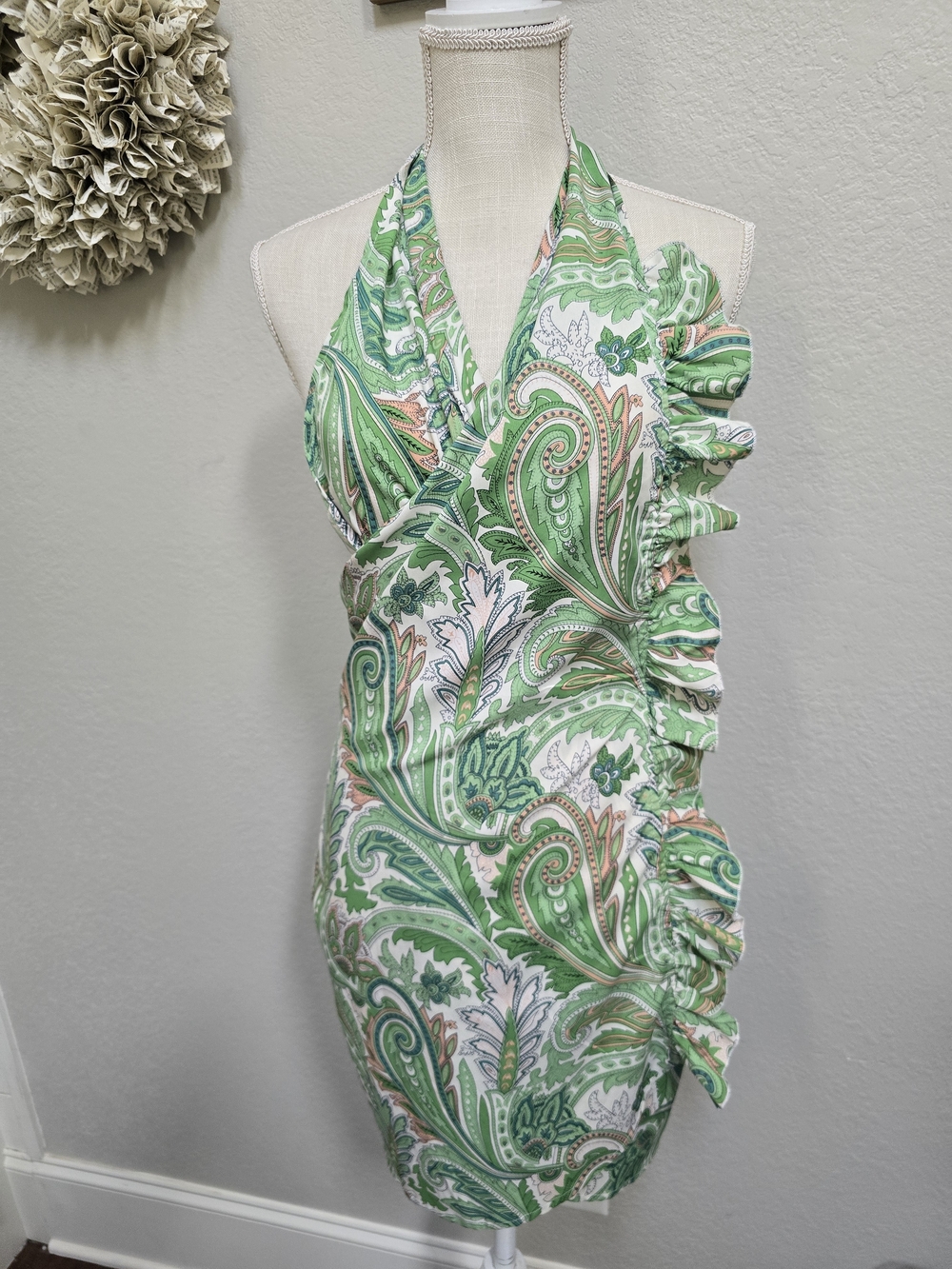 Green Paisley Halter Ruffle Dress